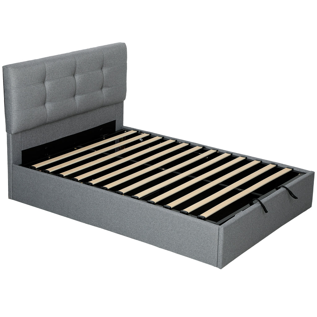 Lit coffre 140x190, cadre de lit double rembourré avec sommier à lattes en bois et rangement cach, sans matelas, gris-0