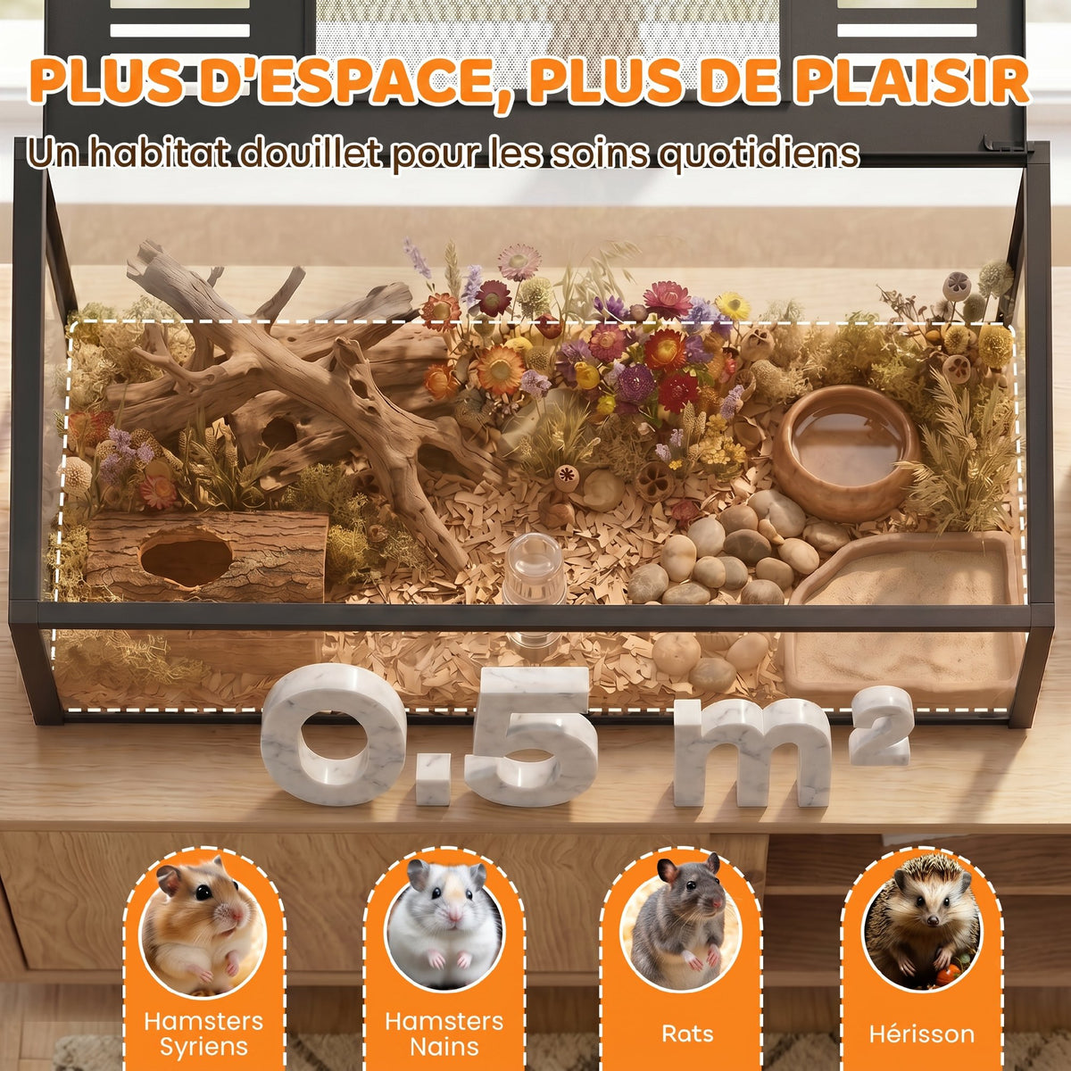 Cage Hamster Habitat Rongeur Vue Panoramique 360° Structure Robuste en Métal Espace Étanche Profond 100x50x52,5 cm Noir-3