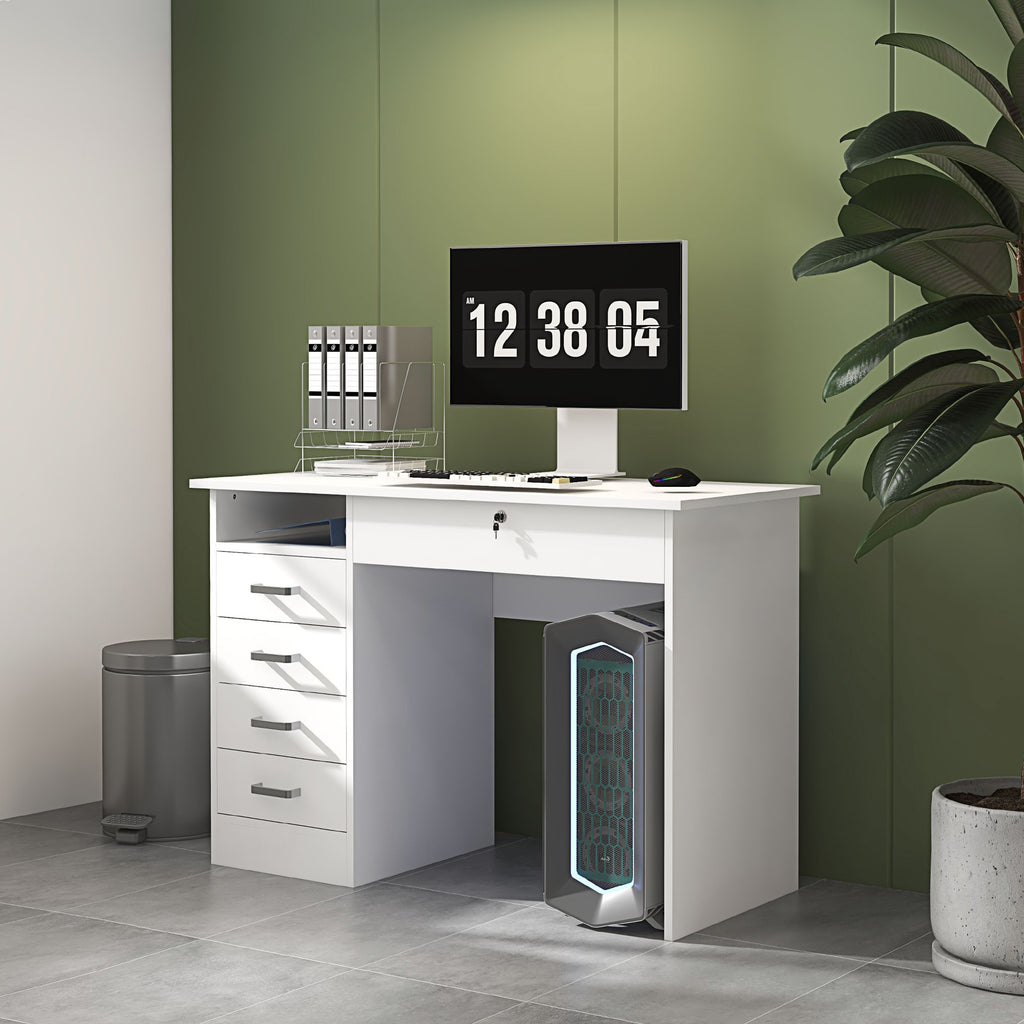 Bureau moderne avec 5 tiroirs, grand plateau, 1 compartiment ouvert, tiroir verrouillable, 110 x 50 x 76cm, blanc-9