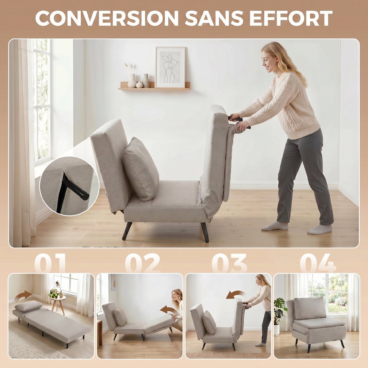 Fauteuil Convertible 1 Place, Fauteuil-Lit Clic-Clac 3 en 1 avec Dossier Réglable, Oreiller, Assise Large, Marron Clair-3