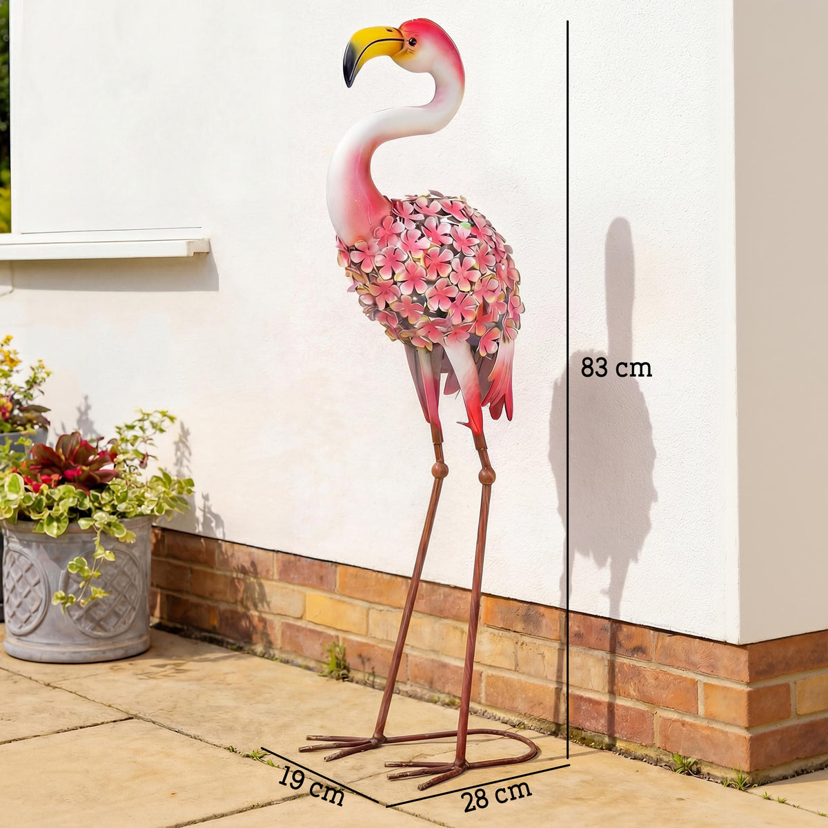 Statue de Jardin Flamant Rose, Sculpture d'Oiseau en Métal avec Plumes Florales, 28 x 19 x 83 cm, Rouge-2