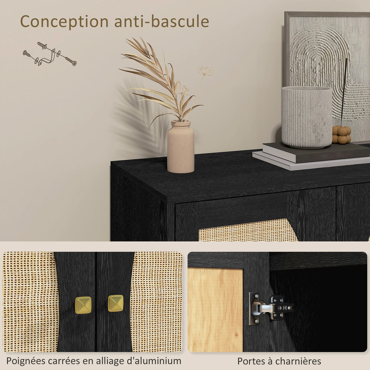 Buffet de cuisine meuble de rangement design bohème double portes avec 2 niveaux, façade en rotin 80 x 38 x 79 cm noir-6