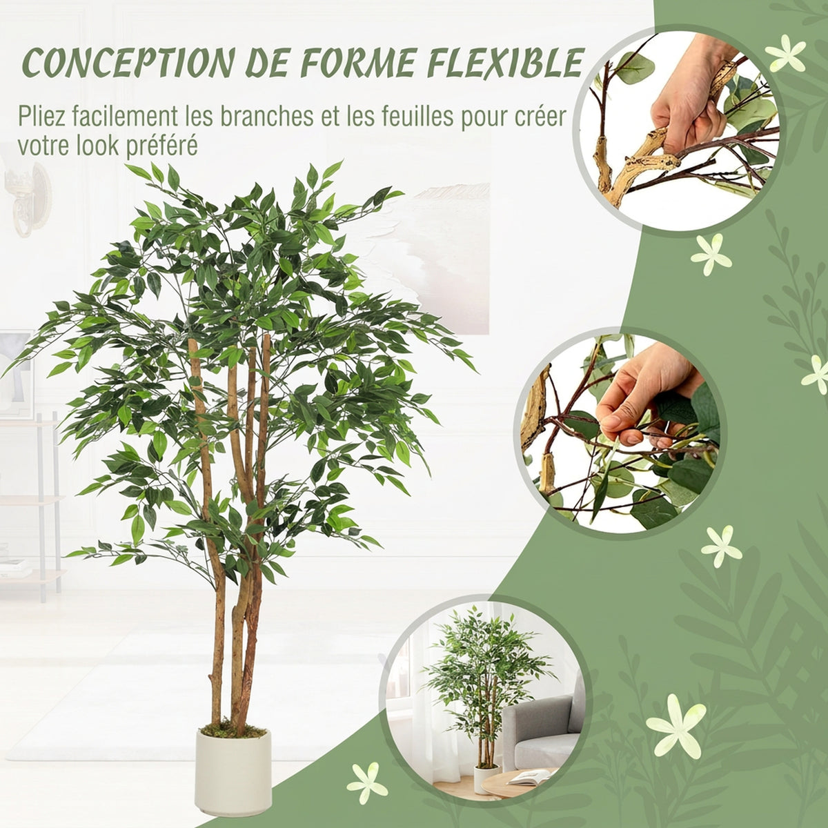 Plante artificielle intérieure 150 cm banian arbre artificiel, pot en plastique et tronc en bois massif, vert-6
