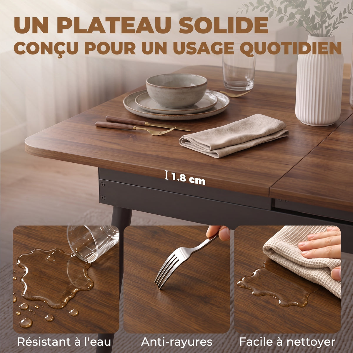 Table à Manger Extensible Rectangle pour 4 à 6 Personnes, Table de Cuisine 130-160 cm avec Coins Arrondis, Noyer Clair-6