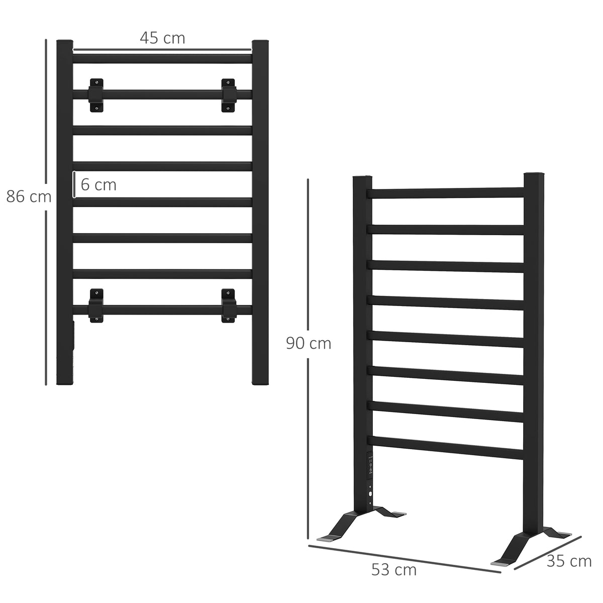 Sèche serviettes électrique, mural ou sur pied, 8 barres, minuterie 2/4 heures, alliage d'aluminium, 53x35x90cm, noir-2