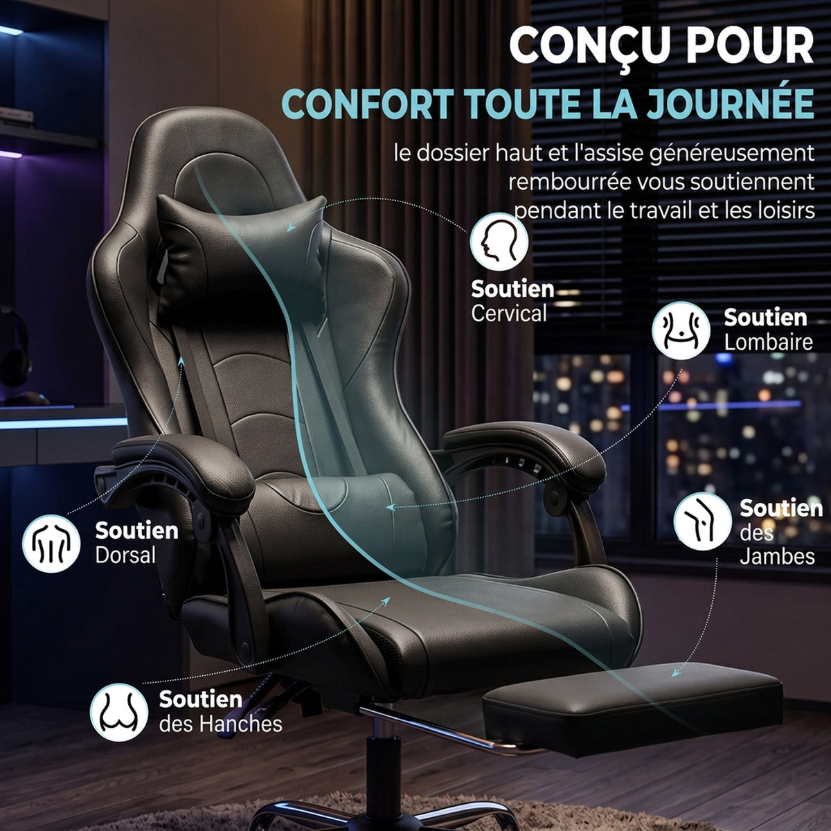 Chaise Gaming Ergonomique avec Coussin Lombaire Massant, Fauteuil Gaming Inclinable en Cuir Synthétique, Noir-4