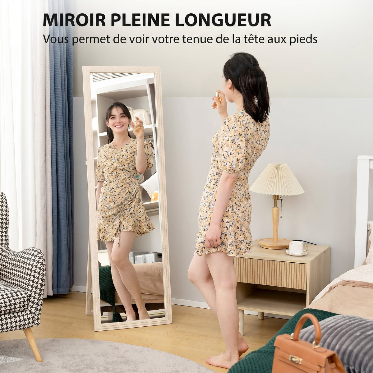 Miroir sur Pied Rectangulaire 160 x 50 cm, Cadre Texturé à Effet Pierre, Angle d'Inclinaison Réglable, Blanc-3