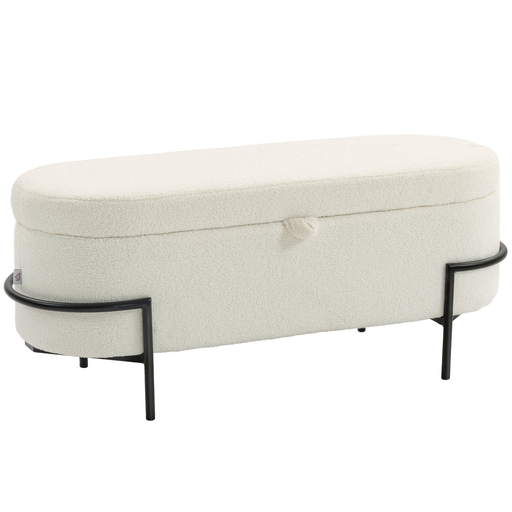 Banc de rangement, banc coffre de rangement en tissu bouclette avec couvercle relevable et pieds en acier, crème-0