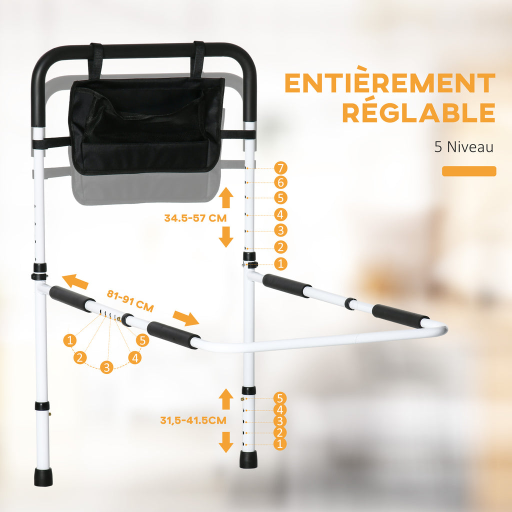 Barre d'appui lit sur pieds protection réglable 5 hauteurs pochette rangement 52 x 85-95 x 71-102 cm blanc noir-3
