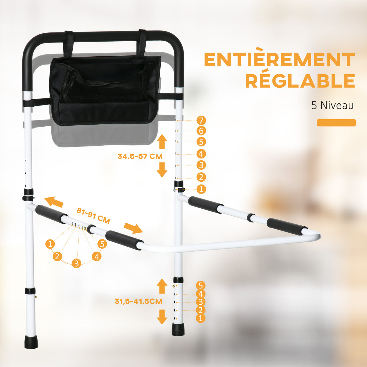 Barre d'appui lit sur pieds protection réglable 5 hauteurs pochette rangement 52 x 85-95 x 71-102 cm blanc noir-3
