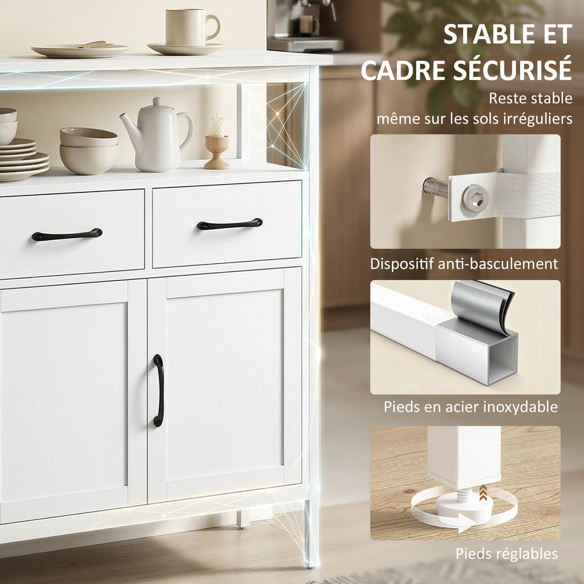 Buffet cuisine, meuble de rangement, 3 portes, 3 tiroirs, compartiment ouvert et étagères réglables, 95x35x88cm, blanc-5