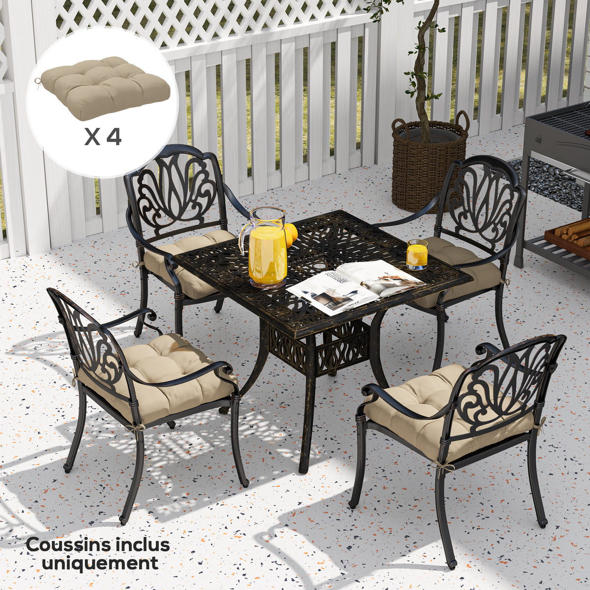 Lot de 4 coussins de chaise de jardin, coussins extérieurs capitonné, rembourrage 10 cm avec attaches, 48 x 48 cm kaki-6