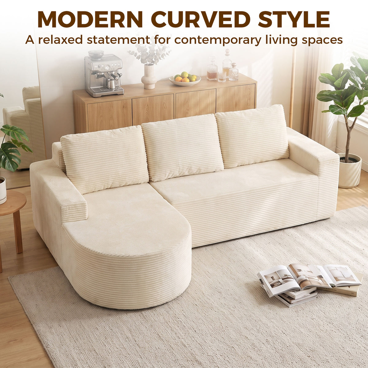 Canapé d'Angle 3 Places en Velours Côtelé, Canapé Compressé en L 235cm, Méridienne Incurvée, Assise Profonde, Beige-3