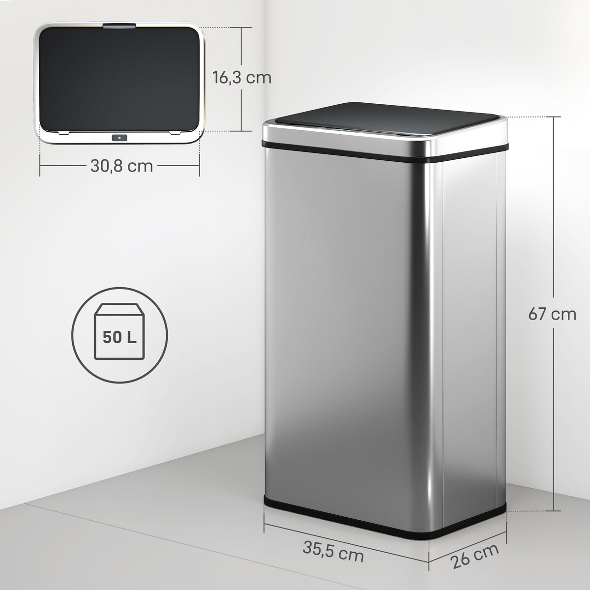 Poubelle à Capteur de 50L, Couvercle à Fermeture en Douceur, Poubelle de Cuisine Automatique Acier Inoxydable, Argenté-2