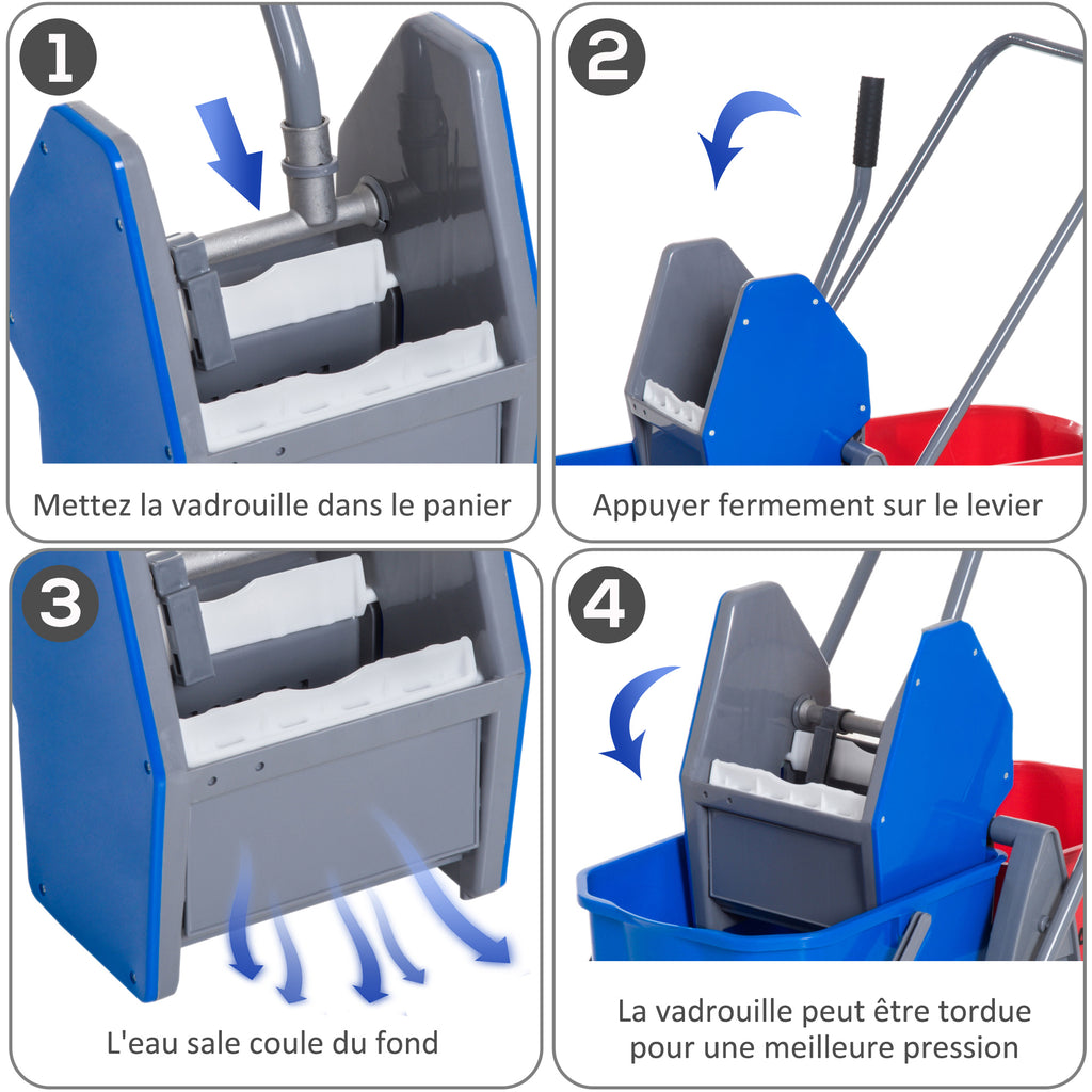 Chariot de lavage chariot de nettoyage professionnel presse à mâchoire 2 seaux 25 L 73L x 45l x 92H cm plastique gris bleu rouge-5