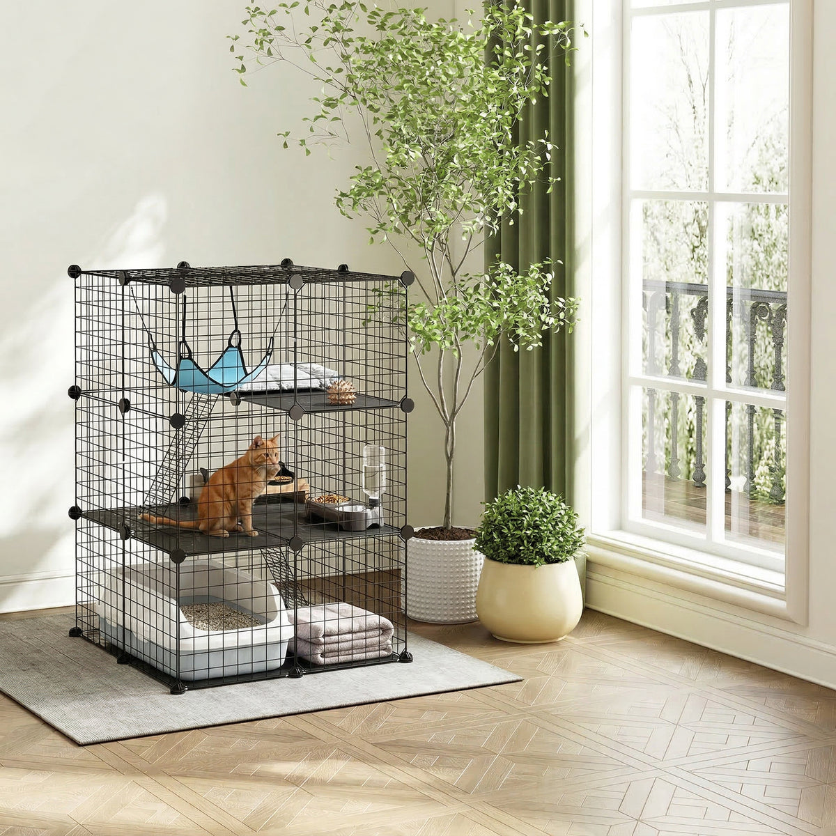 Cage Chat Intérieur Enclos Chat Modulable 3 Portes Hamac Échelle pour Petits Animaux de Compagnie 70x70x105cm Noir-9