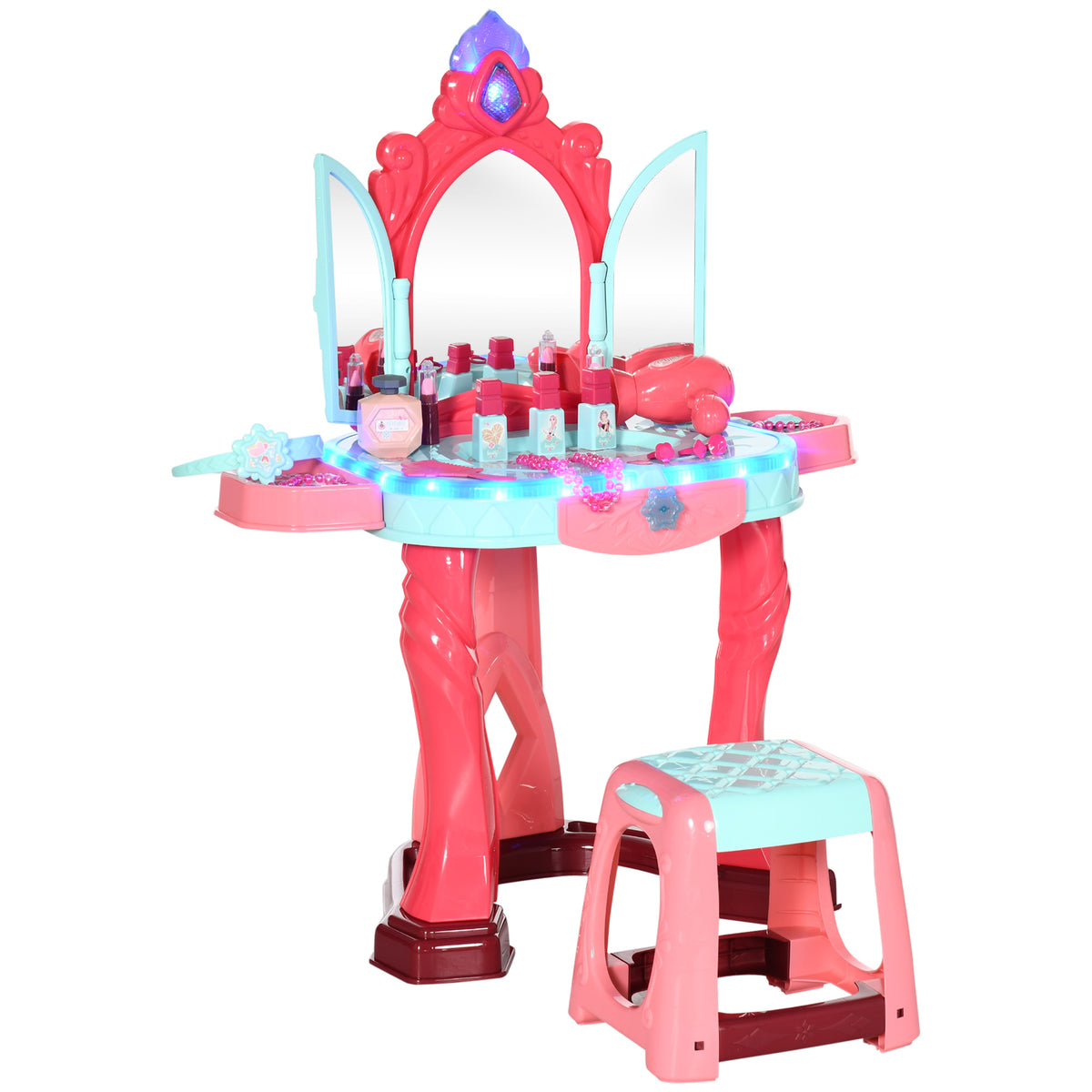 Coiffeuse Enfant Fille avec Tabouret, Miroir, Lumière, Musique, Accessoires, 3-6 Ans, 57x34x76cm, Multicolore-0
