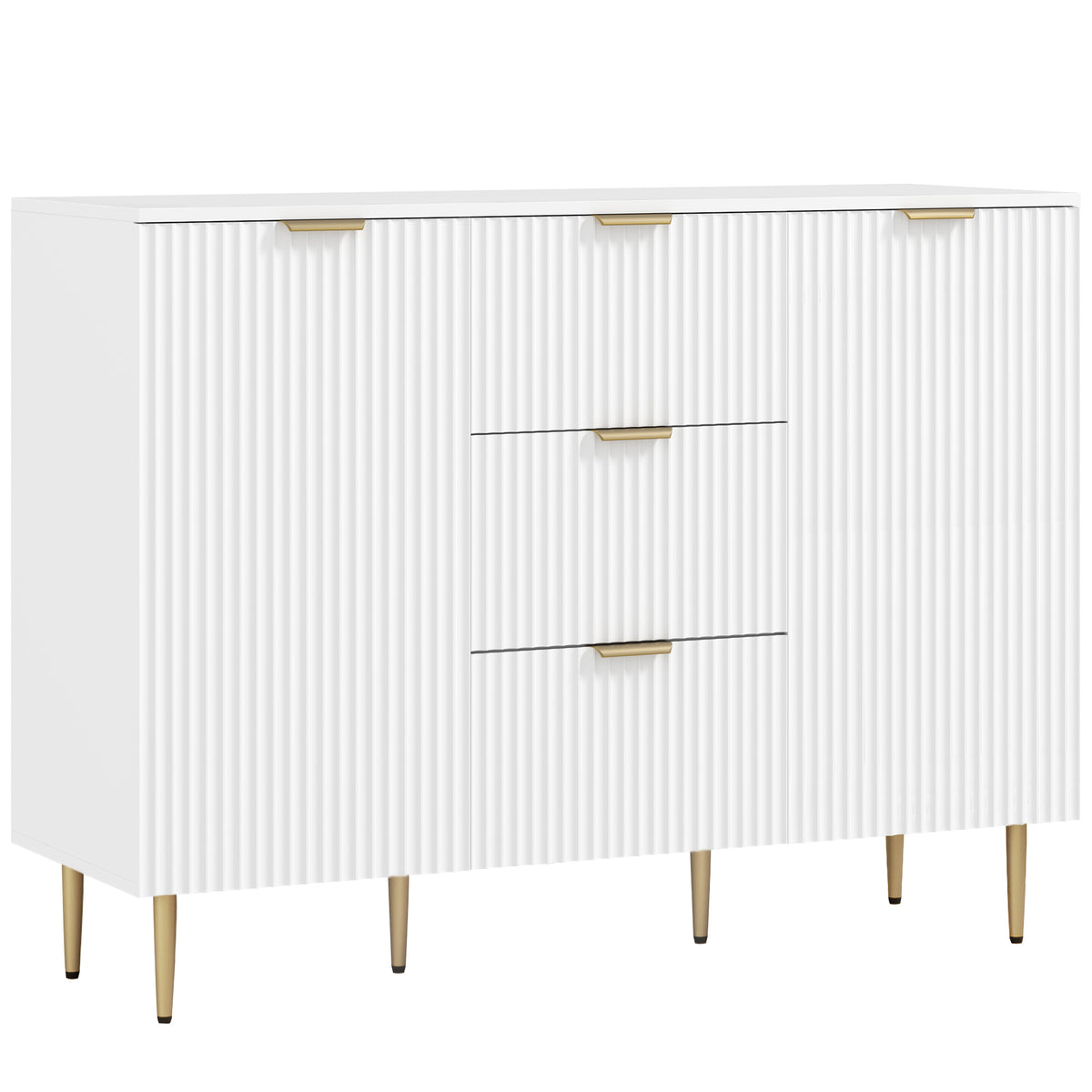 Buffet meuble cuisine rangement avec 3 tiroirs, étagères réglables, placards à portes cannelées, 120 x 40 x 90 cm, blanc-0