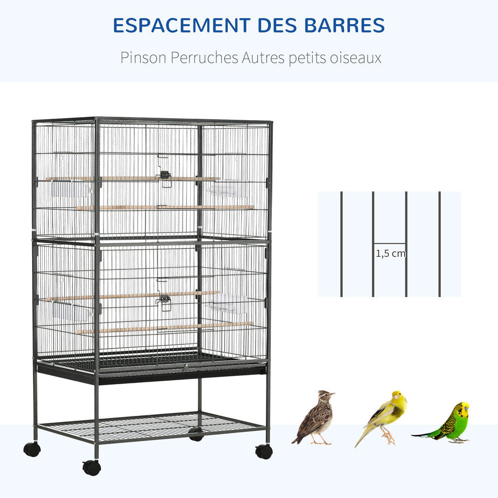 Cage à oiseaux sur pied volière oiseaux intérieur 4 perchoirs en bois et mangeoires fil d'acier gris foncé-5
