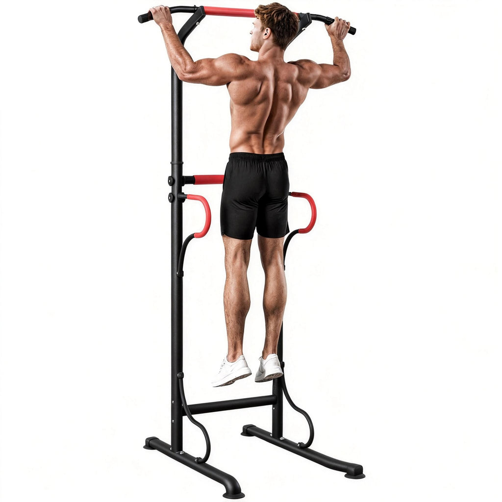 Station de musculation multifonctions barre de traction chaise romaine hauteur réglable acier noir rouge-0