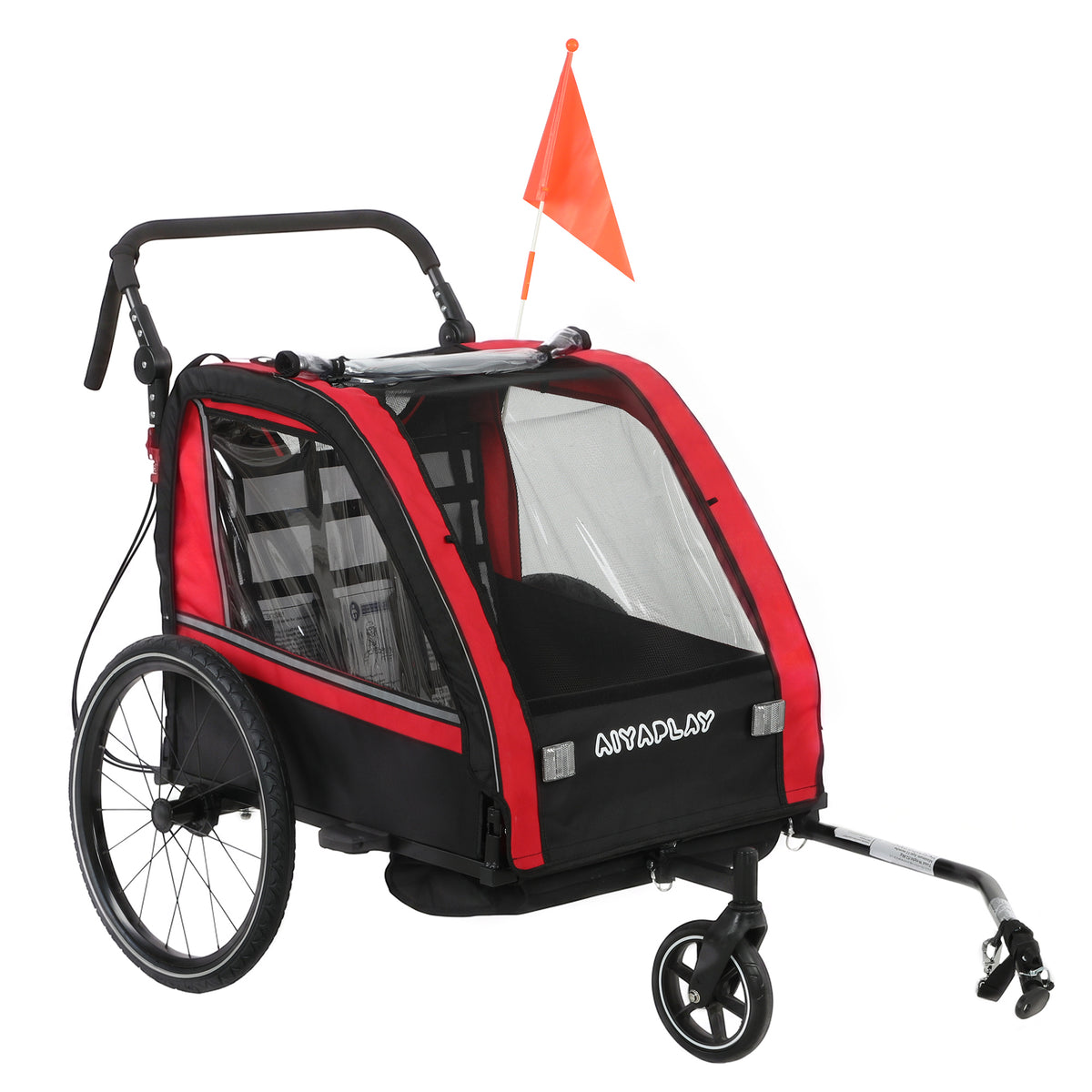 Remorque vélo enfant 2 en 1, poussette vélo bébé 2 places, guidon réglable, frein à main, ceinture de sécurité, rouge-0