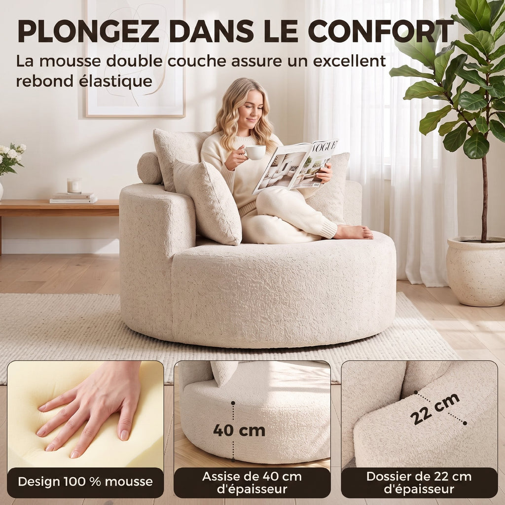 Pouf Canapé Rond en Chenille, Grande Assise, 2 Coussins, 1 Dossier, 1 Traversin, Charge 250kg, 130x130x82cm, Crème-4