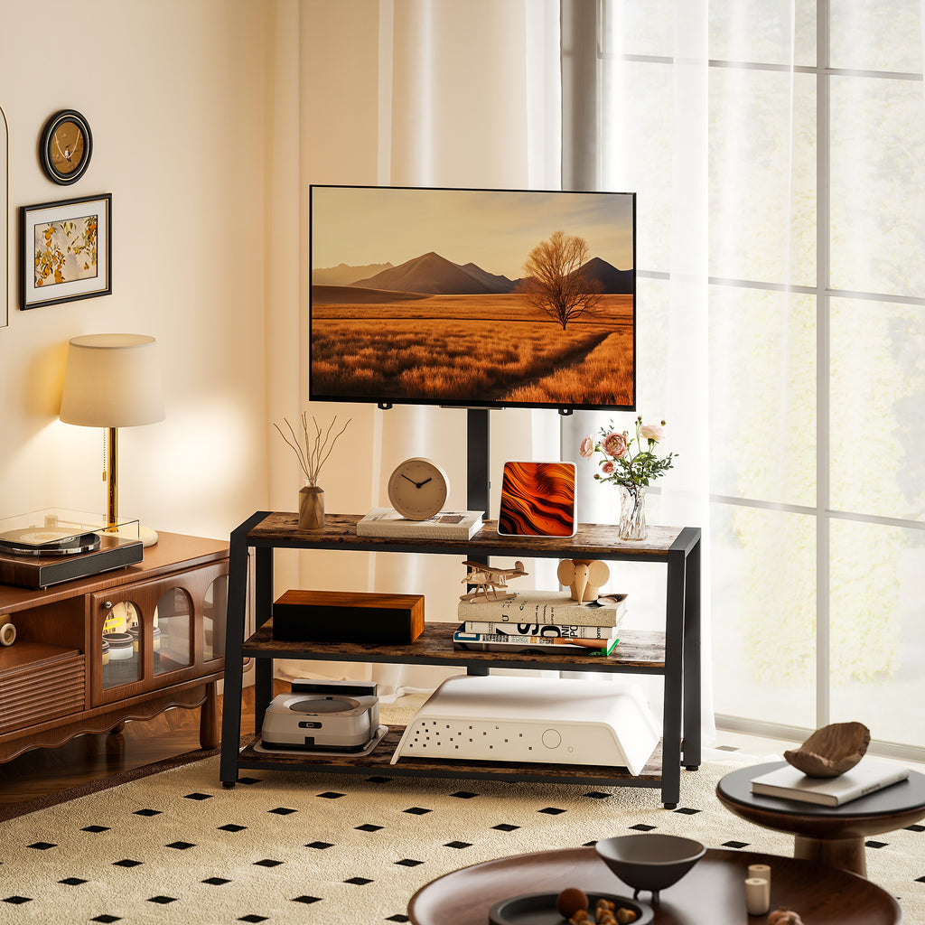 Meuble TV avec support pour téléviseurs de 32-70 pouces, étagères ouvertes, angle ajustable 35°, 108x41x135cm, marron-1