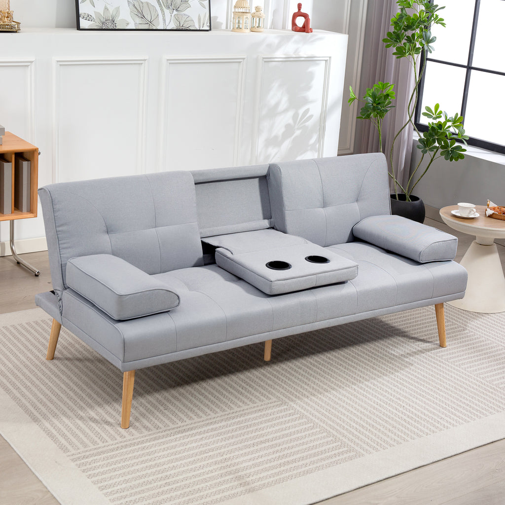 Canapé convertible 3 places, canapé-lit rembourré avec dossier réglable 3 niveaux, 2 coussins et 2 porte-gobelets intégrés, tissu de lin, pour salon, chambre d'amis, petit espace, gris clair-8