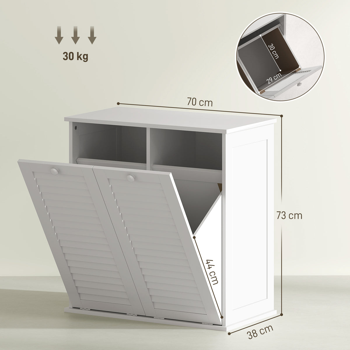 Meuble salle de bain avec panier à linge armoire salle de bain en bois portes persiennes 2 paniers 70 x 38 x 73 cm blanc-2