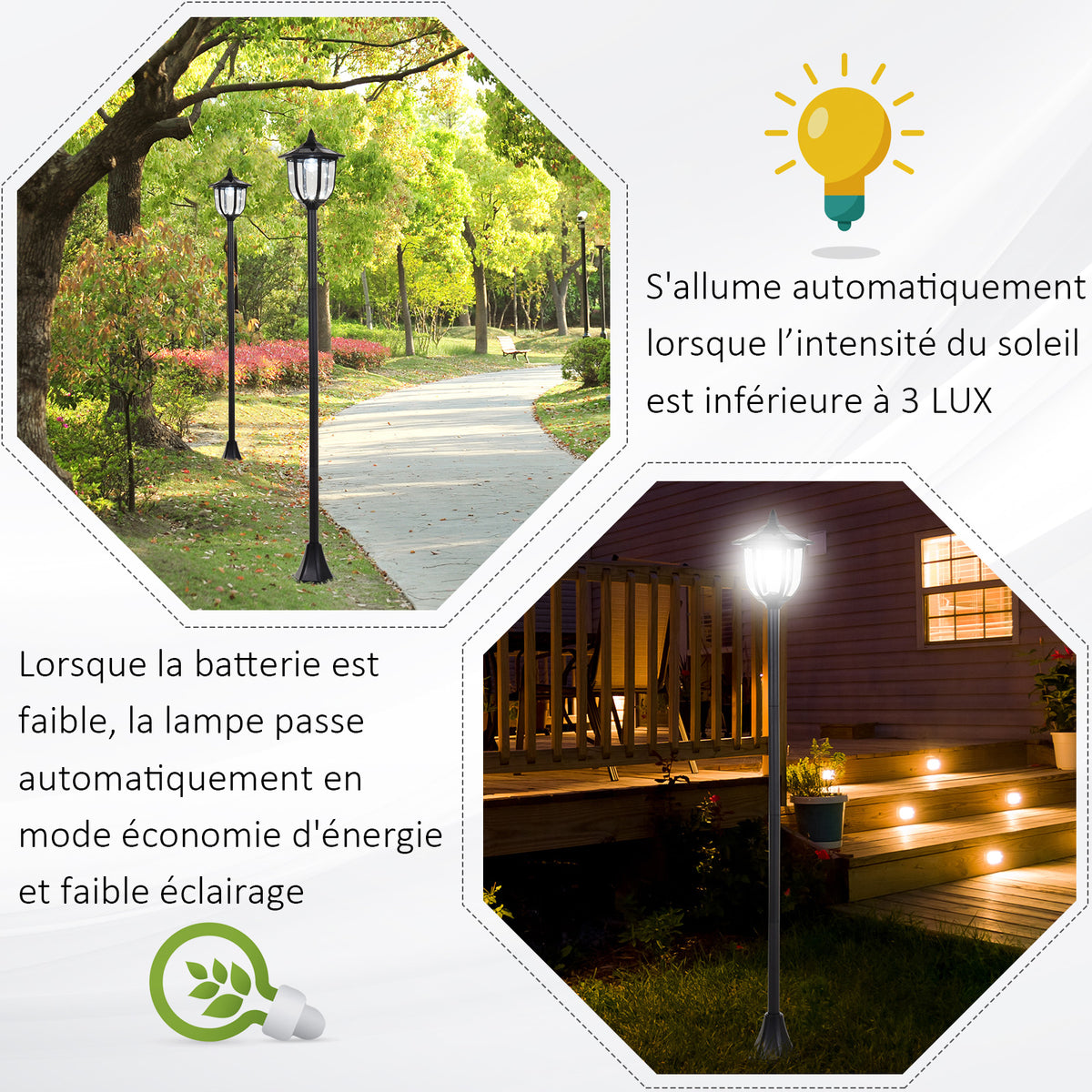 Luminaire extérieur lampadaire sur pied solaire lampadaire lanterne classique LED 60 Lm max. dim. 26L x 26l x 177H cm noir-5