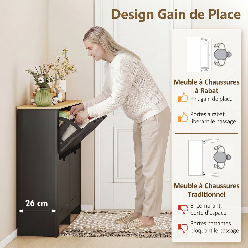 Meuble à chaussures 16 paires, armoire à chaussures avec 4 tiroirs rabattables étagères réglables, noir et bois naturel-3