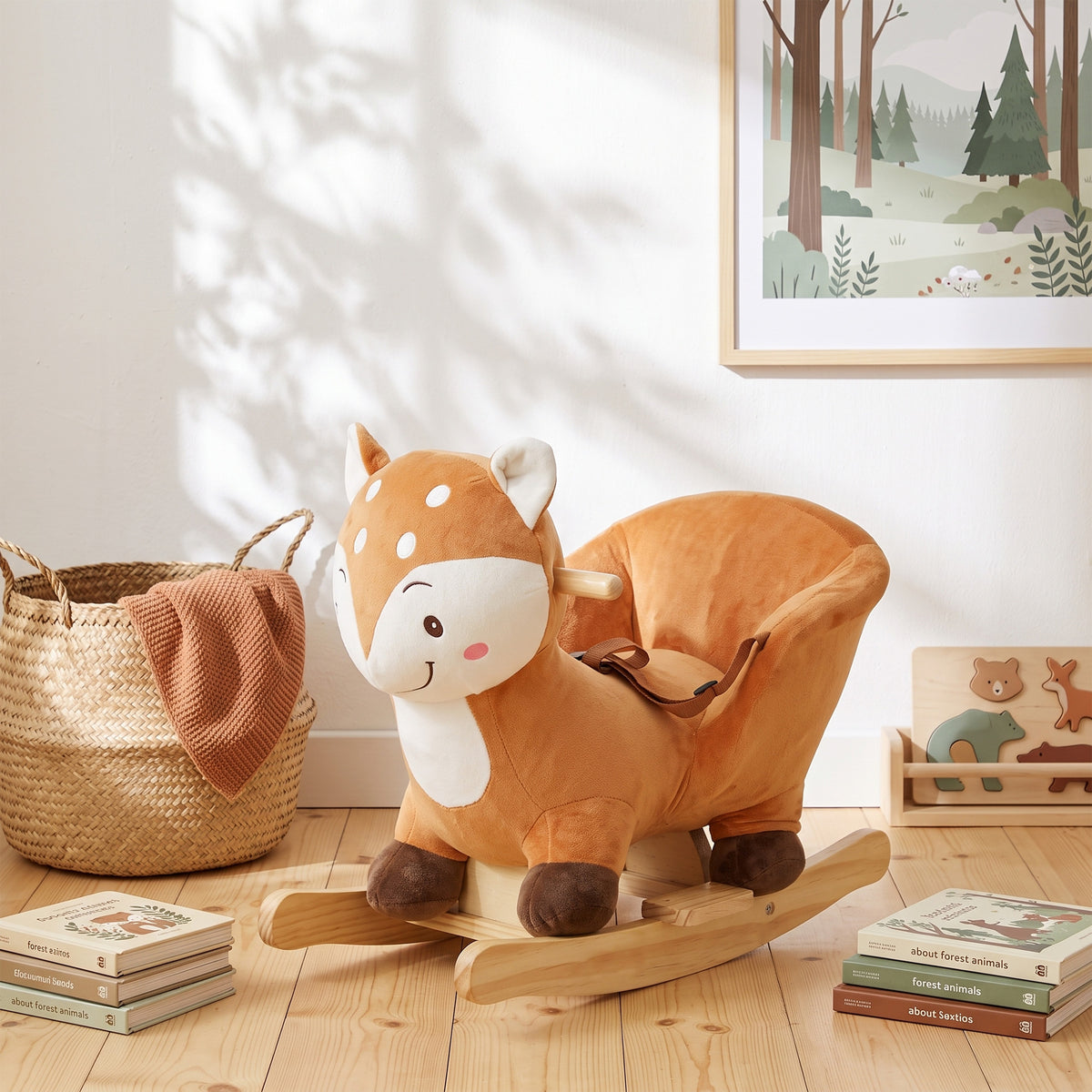 Cheval à bascule cerf en peluche avec sons d'animaux, ceinture de sécurité et butées anti-basculement, marron-1