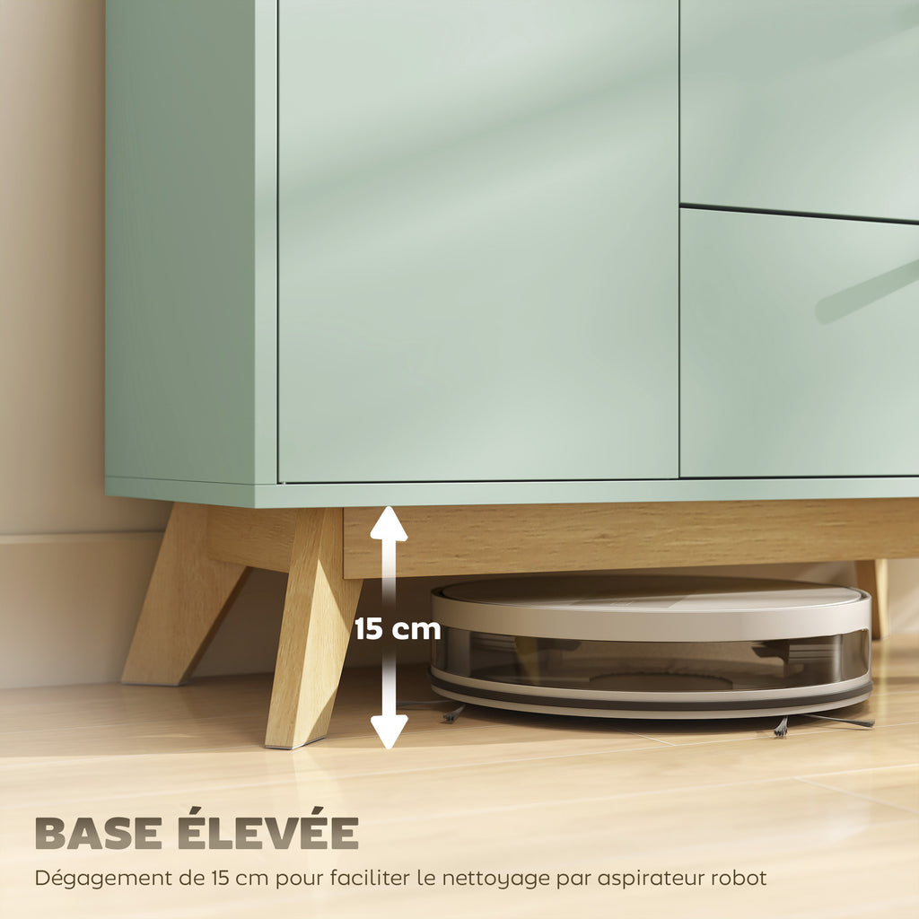 Buffet salon, meuble de rangement avec porte, 2 tiroirs, compartiment ouvert et étagère réglable, vert clair et chêne-6