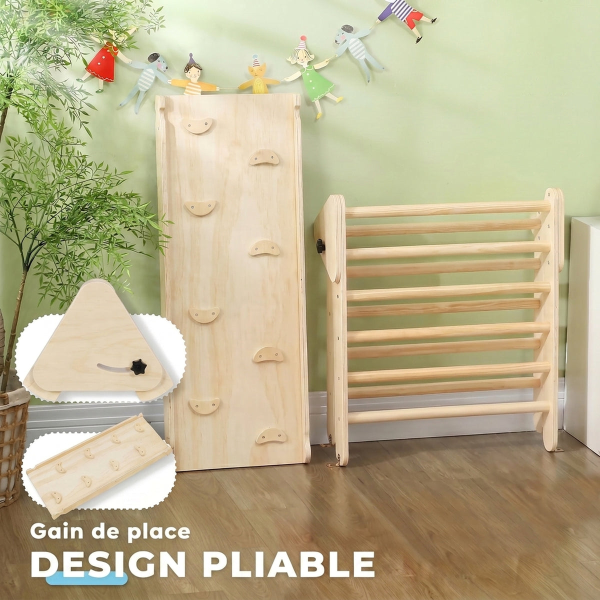 Triangle d'escalade, 3 en 1 en bois pour grimper et glisser, charge max. 50 kg, pour 18-48 mois, bois naturel-6