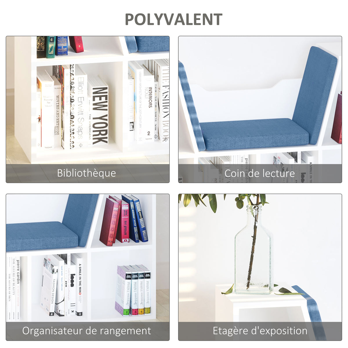 Bibliothèque banc 2 en 1 avec coussins de siège, étagère cube 6 compartiments ouverts et 2 niveaux, meuble de rangement pour salon, chambre à coucher, bureau, 102 x 30 x 61 cm, bleu-4