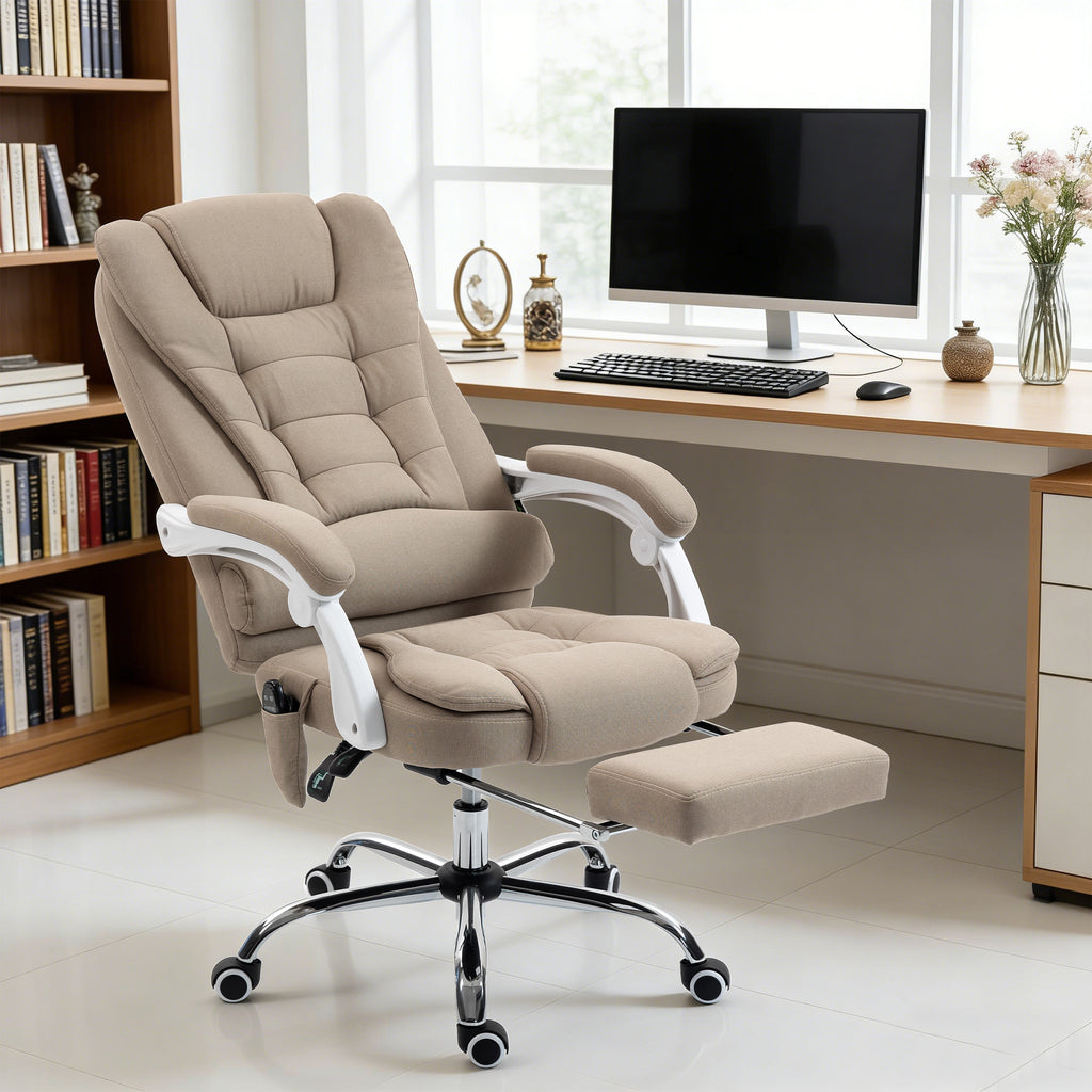 Fauteuil de bureau direction massant chauffant hauteur réglable dossier inclinable toile de lin beige-1