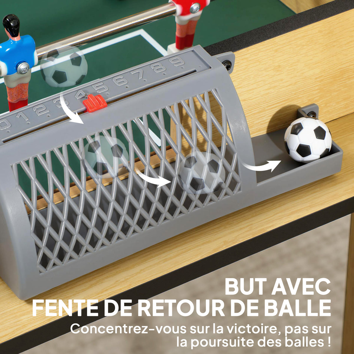 Baby-Foot Enfant 18 Joueurs 2 Balles, Barres 360°, Poignées Antidérapantes, Compteurs de Score, 75x66x75cm, Bois Naturel-6