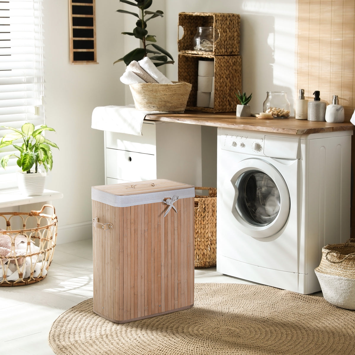 Panier à linge corbeille à linge bac à linge bambou pliable couvercle sac amovible 3 poignées PU 40L x 30l x 60H cm beige-1