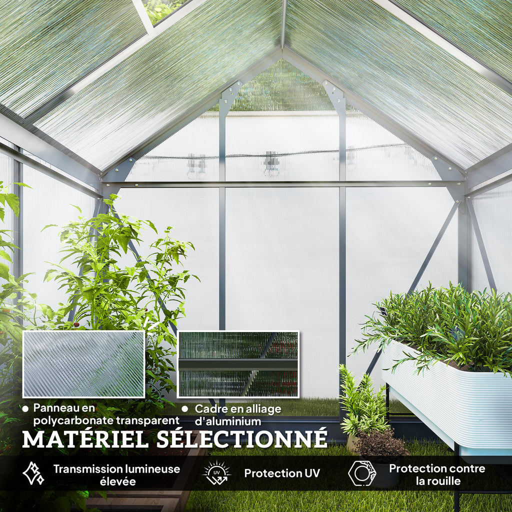 Serre de jardin polycarbonate 190 x 132 x 201 cm résistant aux UV 30+ fondation renforcé gouttière gris-4