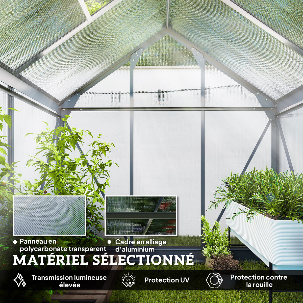 Serre de jardin polycarbonate 190 x 132 x 201 cm résistant aux UV 30+ fondation renforcé gouttière gris-4