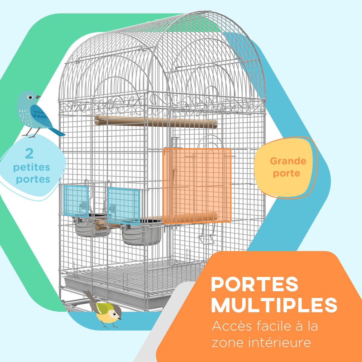 Cage à oiseaux sur roulettes avec étagère plateau amovible 2 bols perchoir acier inoxydable 51 x 51 x 153 cm blanc-3