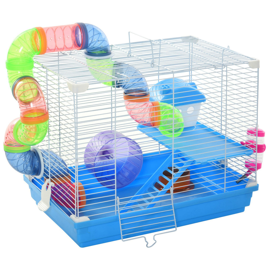 Cage à hamster rongeur 2 niveaux avec tunnel, biberon eau, roue, maisonnette, échelles dim. 46L x 30l x 37H cm, bleu-0