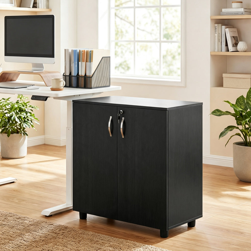 Armoire de Bureau à 2 Niveaux, Meuble de Rangement Bureau avec 2 Portes, Serrures et Clés, 80x40x80cm, Noir-1
