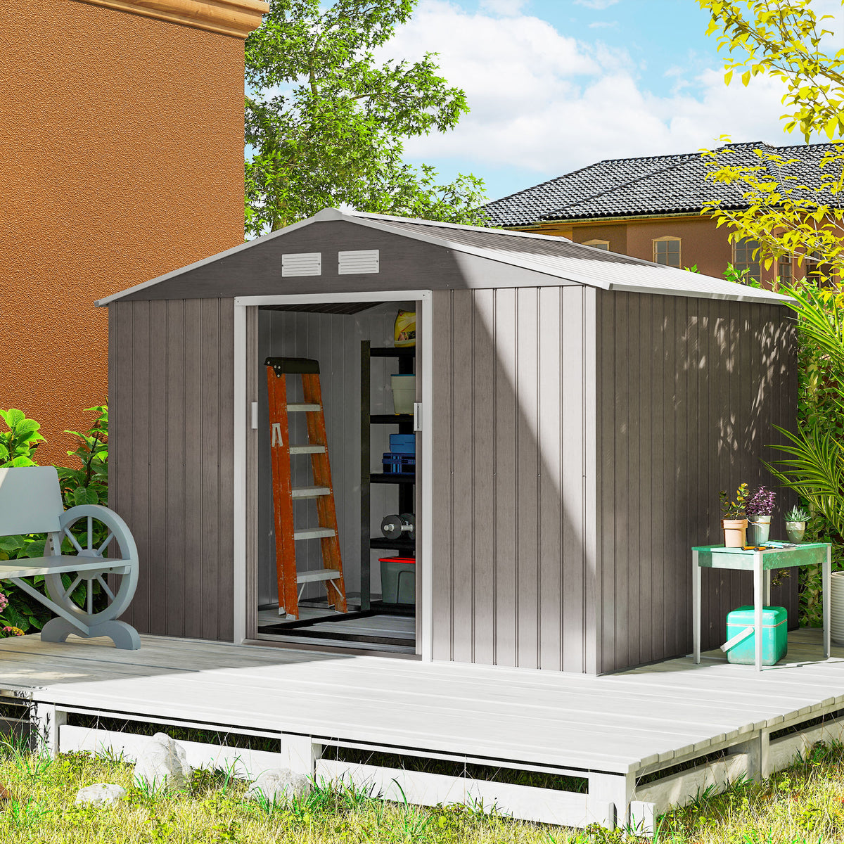 Abri de jardin 5,4 m² 2,77 x 1,95 x 1,92 m kit de fondation porte coulissante ventilations acier galvanisé, marron clair-1
