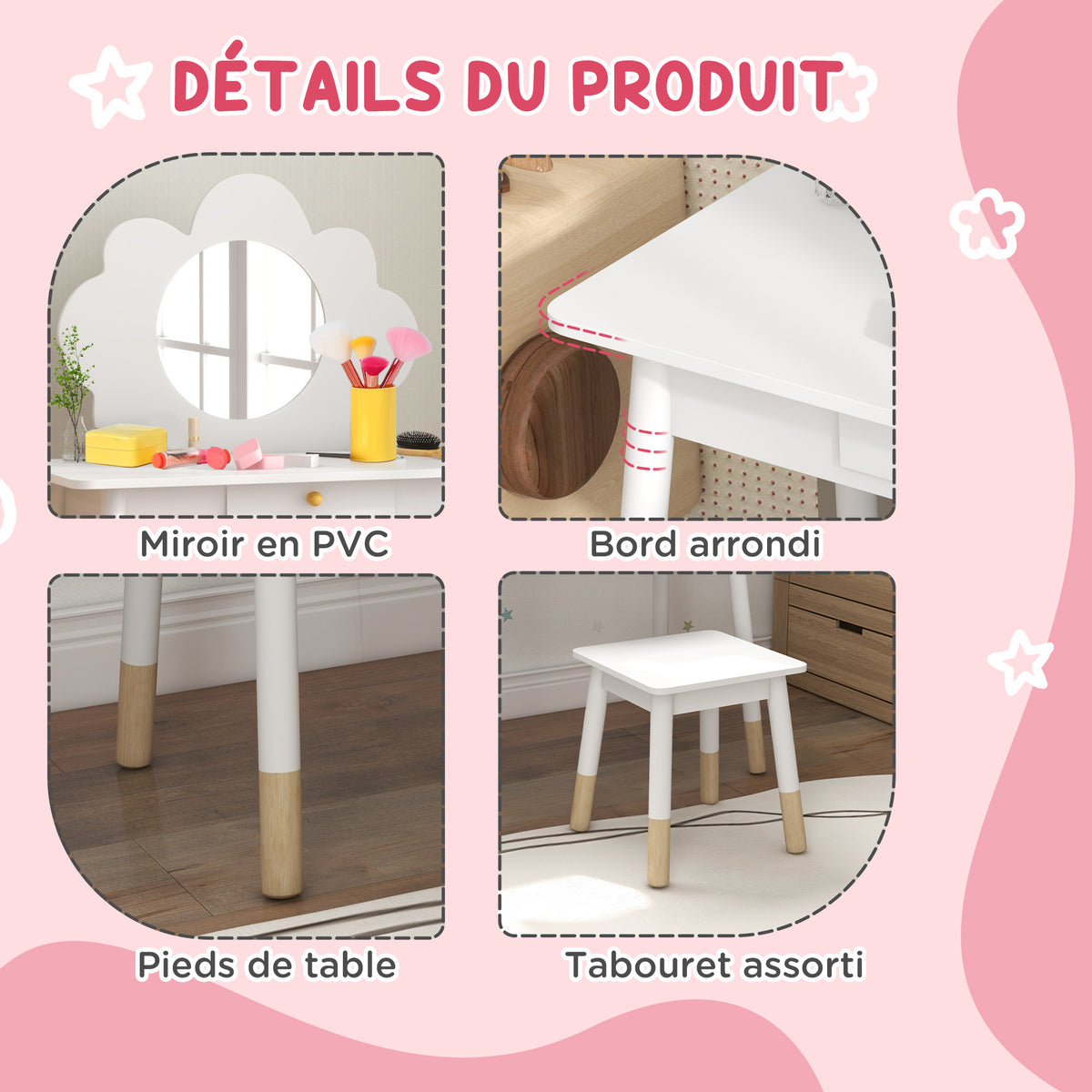Ensemble coiffeuse pour enfant avec tabouret, coiffeuse 2 pièces pour enfants de 3 à 6 ans, miroir forme de nuage, blanc-5