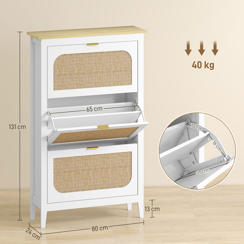 Meuble à chaussures 21 paires bohème avec 3 tiroirs rabattables, portes effet cannage rotin, 80 x 24 x 131 cm, blanc-2