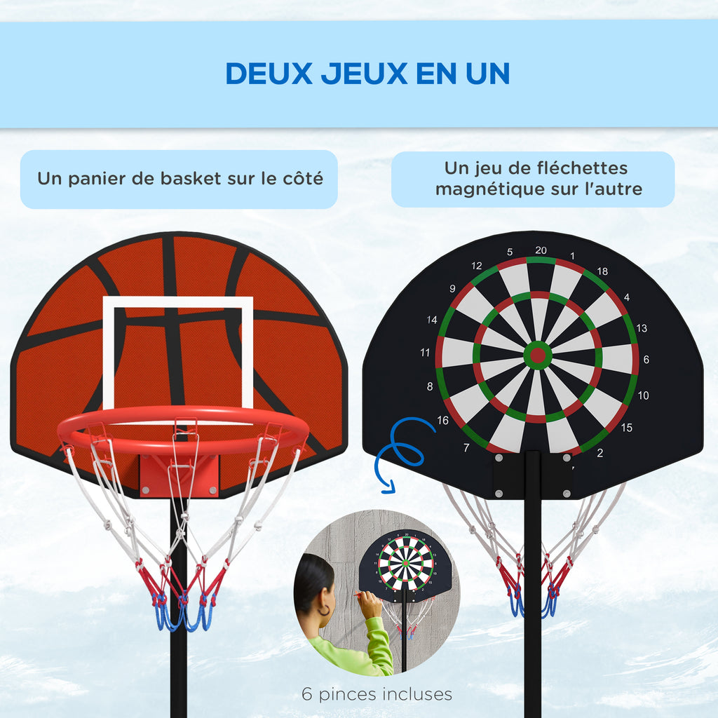Support panier de basket-ball 2 en 1 avec hauteur réglable 129-179 cm et jeu de 6 fléchettes magnétique-3