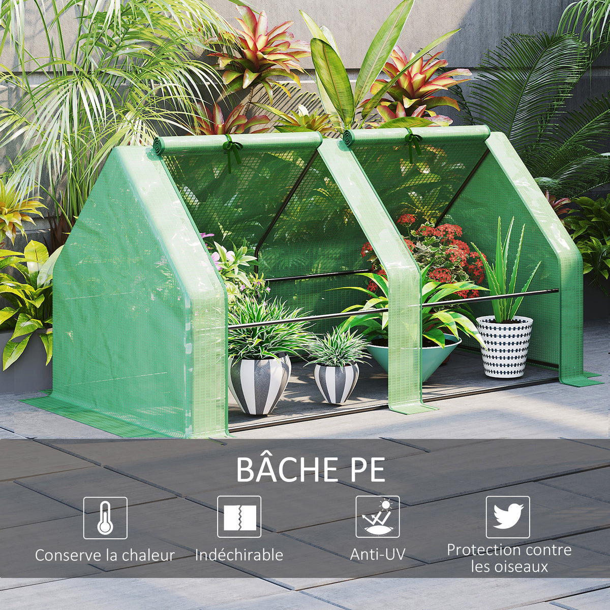 Mini Serre de Jardin Mini Serre Tunnel 180L x 90l x 90H cm Toit Pointu Acier PE Haute Densité 140 g/m² Anti-UV Fenêtres avec Zip Enroulables Vert-4