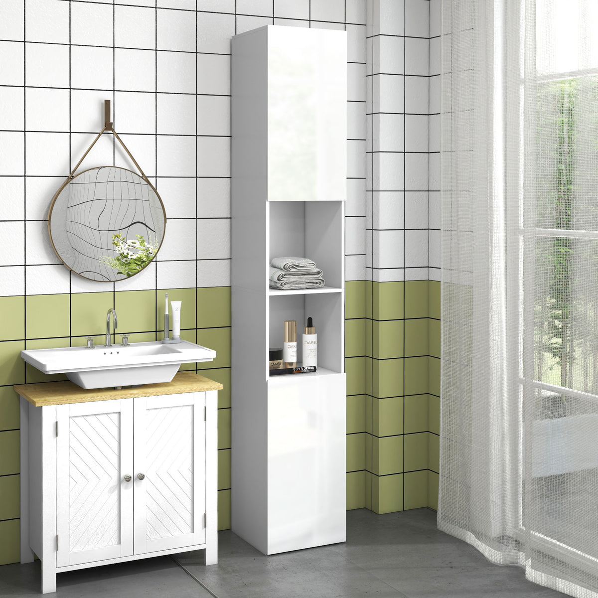 Meuble colonne de salle de bain 2 placards avec étagères réglables + 2 niches 30 x 30 x 181,5 cm blanc-9
