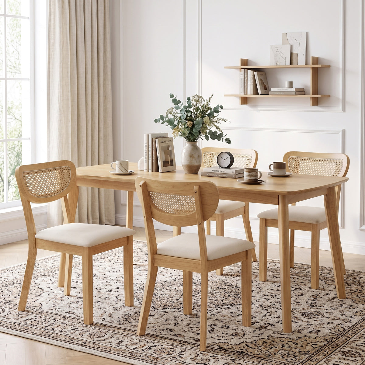 Lot de 2 Chaises de Salle à Manger, Chaises de Cuisine Rembourrées en Lin, Dossier à Effet Rotin et Pieds d'Hévéa, Beige-8
